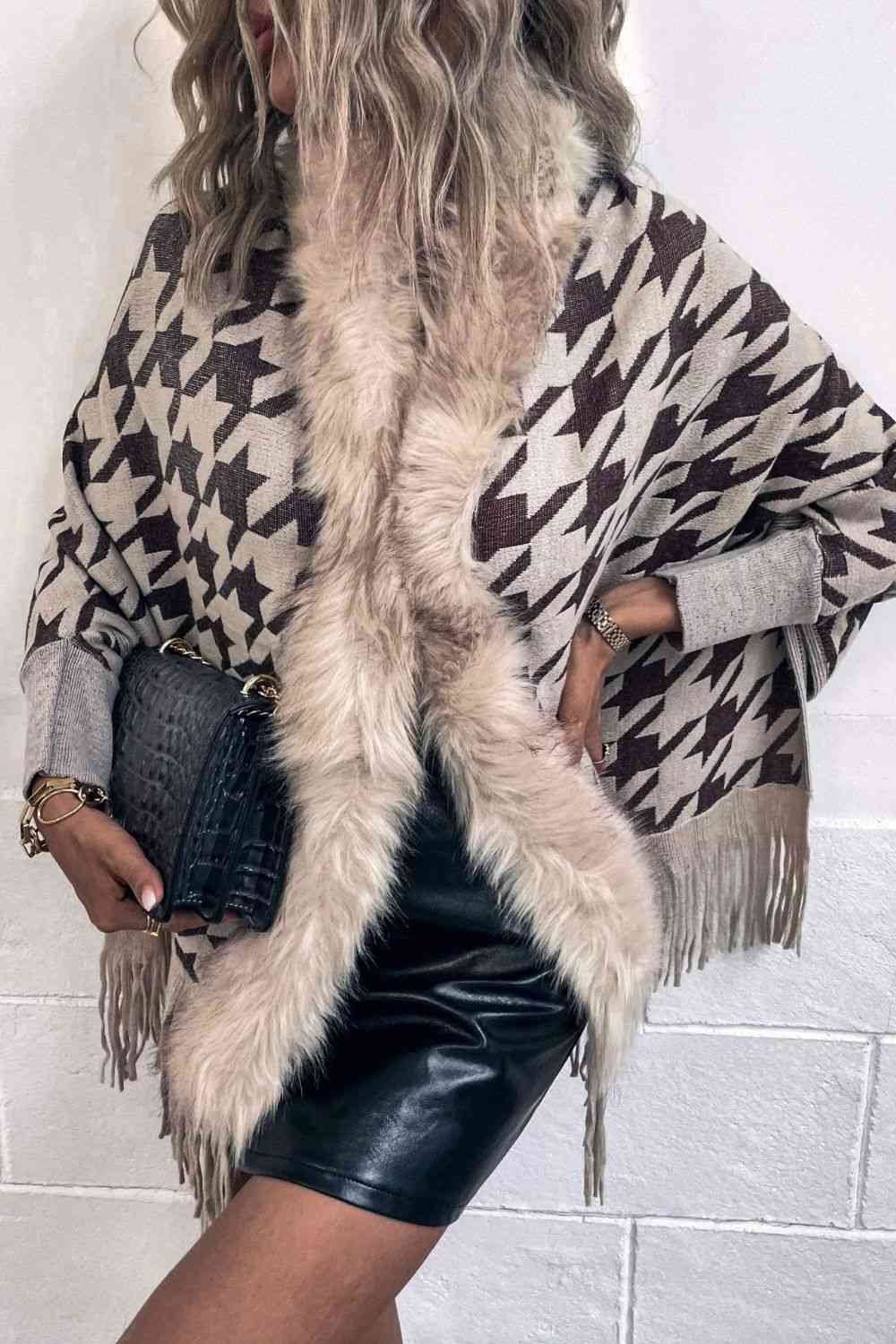Houndstooth Fringe Hem Poncho - Trendsi - Flyclothing LLC