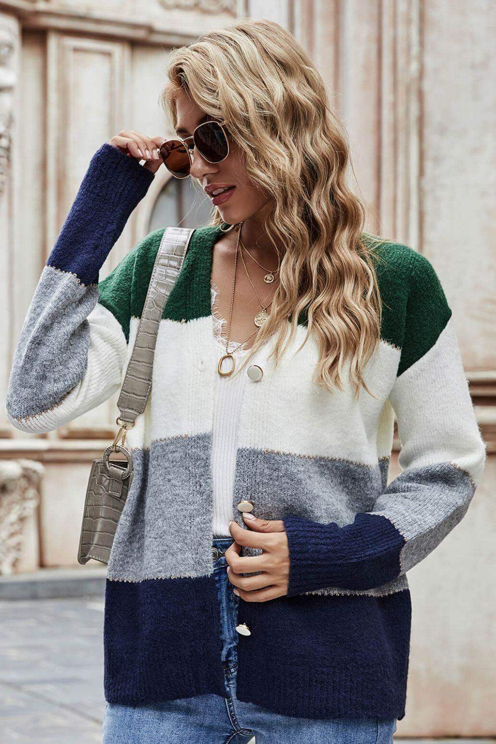 Color Block V-Neck Button Down Cardigan - Trendsi - Flyclothing LLC