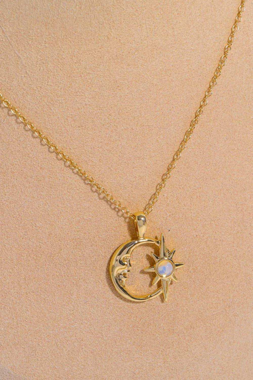 Copper 14K Gold Pleated Moon & Star Shape Pendant Necklace - Trendsi - Flyclothing LLC