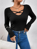 Ribbed Crisscross V-Neck Long Sleeve Knit Top - Trendsi
