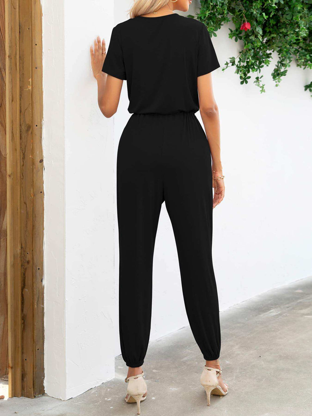 Short Sleeve V-Neck Jumpsuit with Pockets - Trendsi - Flyclothing LLC