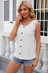 Eyelet Round Neck Wide Strap Tank - Trendsi - Flyclothing LLC