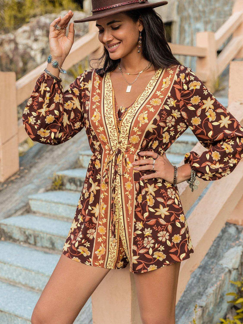 V-Neck Long Sleeve Romper - Trendsi - Flyclothing LLC