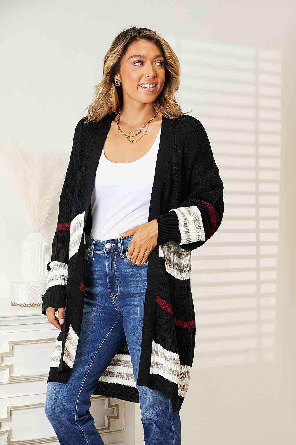 Double Take Striped Rib-Knit Drop Shoulder Open Front Cardigan - Trendsi - Flyclothing LLC