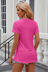 Eyelet Slit Round Neck Short Sleeve T-Shirt - Trendsi - Flyclothing LLC