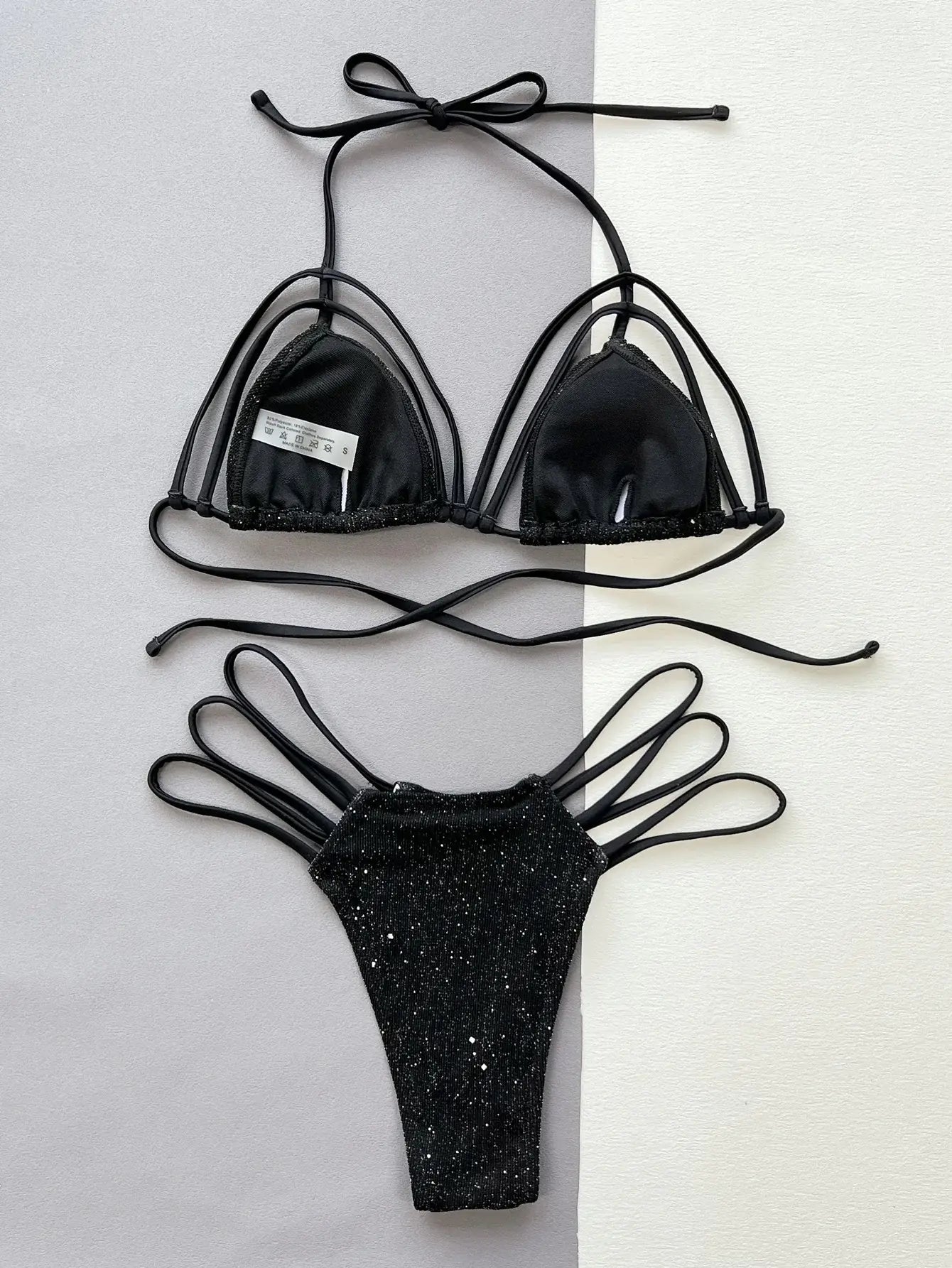 Glitter Halter Neck Strappy Two-Piece Bikini Set - Trendsi - Flyclothing LLC