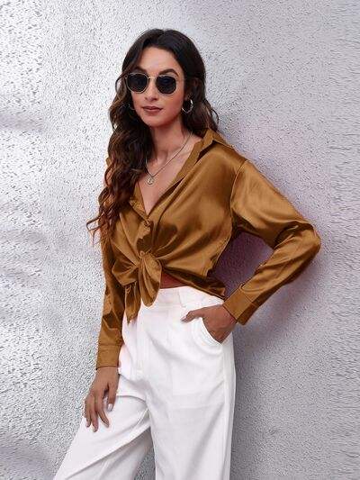 Button Up Collared Neck Long Sleeve Shirt - Trendsi - Flyclothing LLC