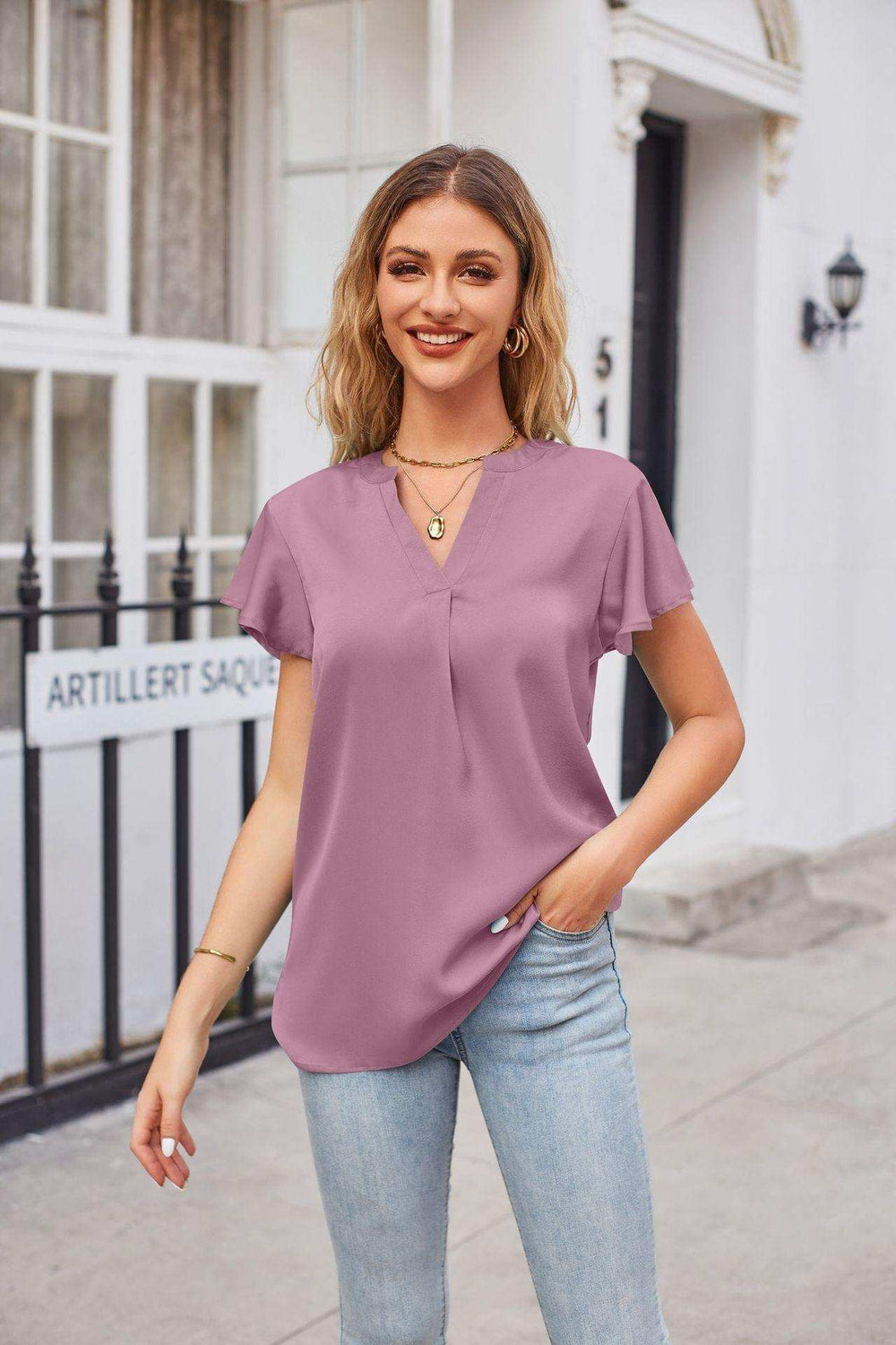 Notched Neck Flutter Sleeve Satin Top - Trendsi - Flyclothing LLC