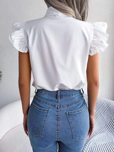 Tie Neck Cap Sleeve Blouse - Trendsi - Flyclothing LLC