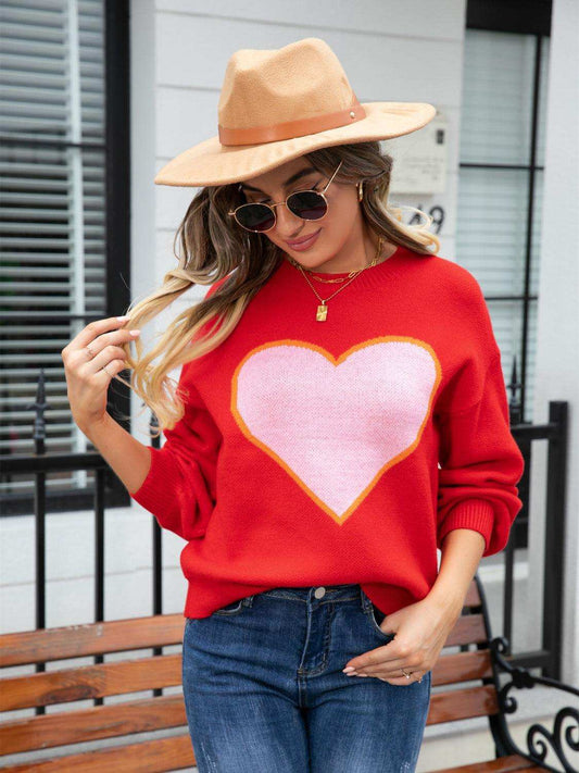 Heart Graphic Round Neck Sweater - Trendsi - Flyclothing LLC