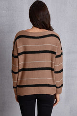 Striped Round Neck Dropped Shoulder Sweater - Flyclothing LLC
