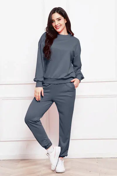Round Neck Long Sleeve Sweatshirt and Pants Set - Trendsi - Flyclothing LLC