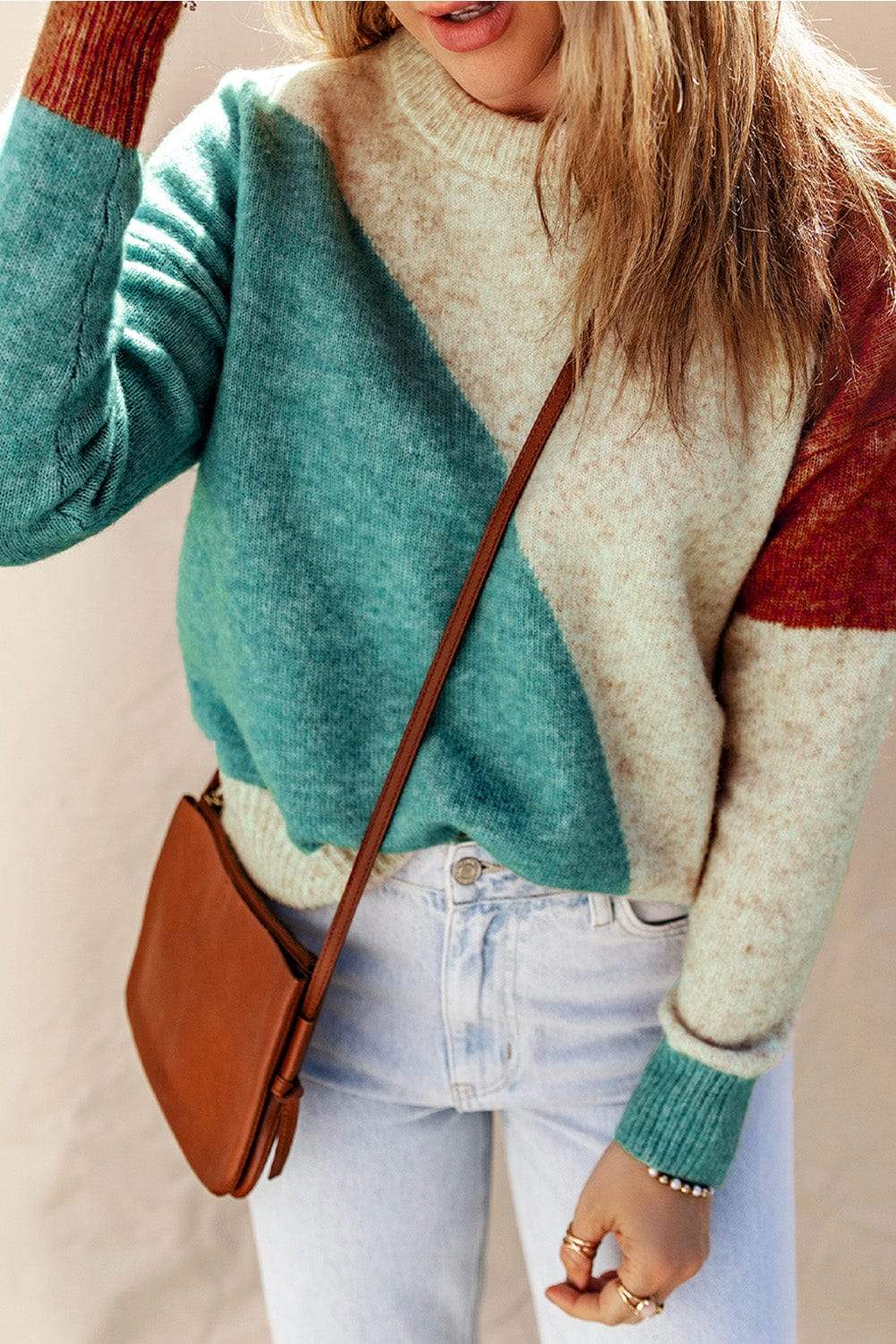 Color Block Round Neck Dropped Shoulder Pullover Sweater - Trendsi - Flyclothing LLC