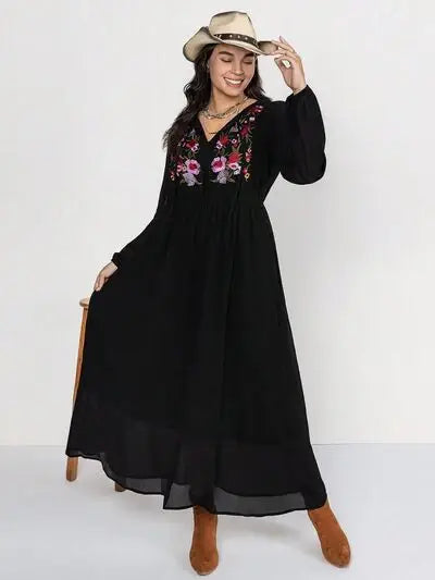 Plus Size Embroidered Tie Neck Long Sleeve Dress - Trendsi - Flyclothing LLC