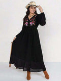 Plus Size Embroidered Tie Neck Long Sleeve Dress - Trendsi - Flyclothing LLC