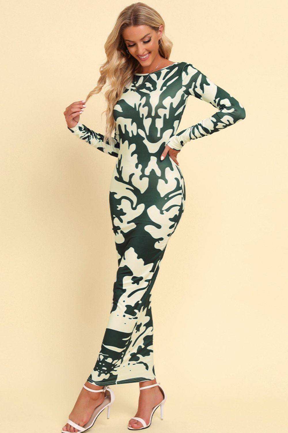 Printed Backless Long Sleeve Maxi Dress - Trendsi - Flyclothing LLC