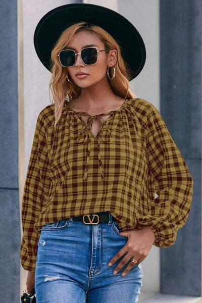 Plaid Tie Neck Balloon Sleeve Blouse - Trendsi - Flyclothing LLC