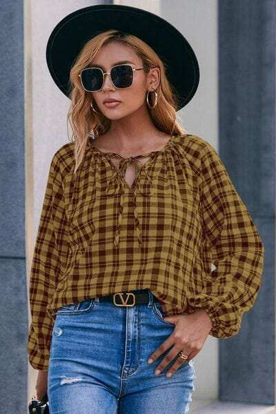 Plaid Tie Neck Balloon Sleeve Blouse - Trendsi - Flyclothing LLC