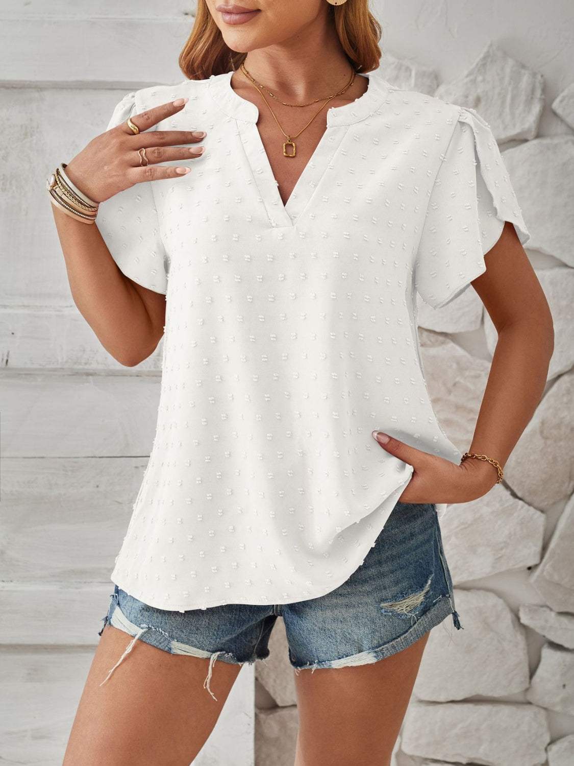 Swiss Dot Notched Petal Sleeve T-Shirt - Trendsi - Flyclothing LLC