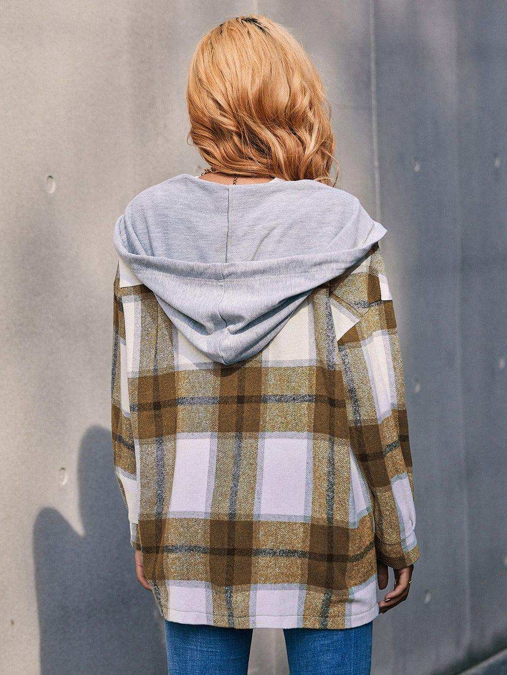Plaid Dropped Shoulder Hooded Jacket - Trendsi - Flyclothing LLC
