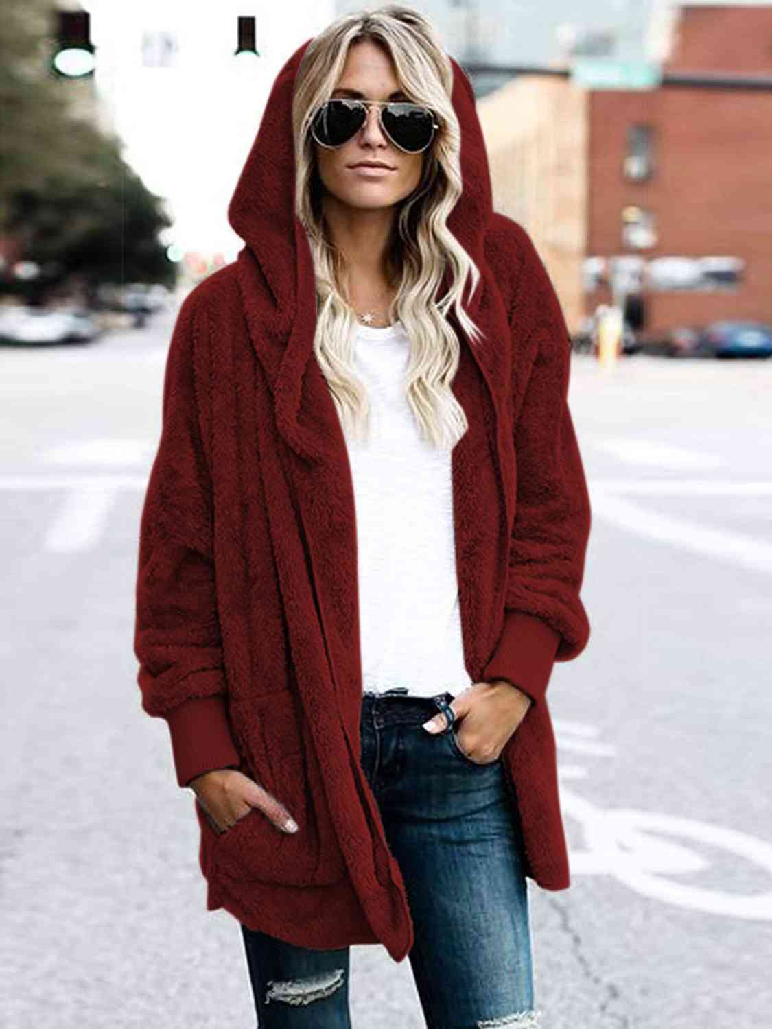 Teddy Hooded Jacket with Pockets - Trendsi - Flyclothing LLC