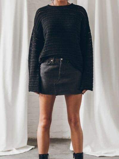 Openwork Round Neck Dropped Shoulder Knit Top - Trendsi - Flyclothing LLC