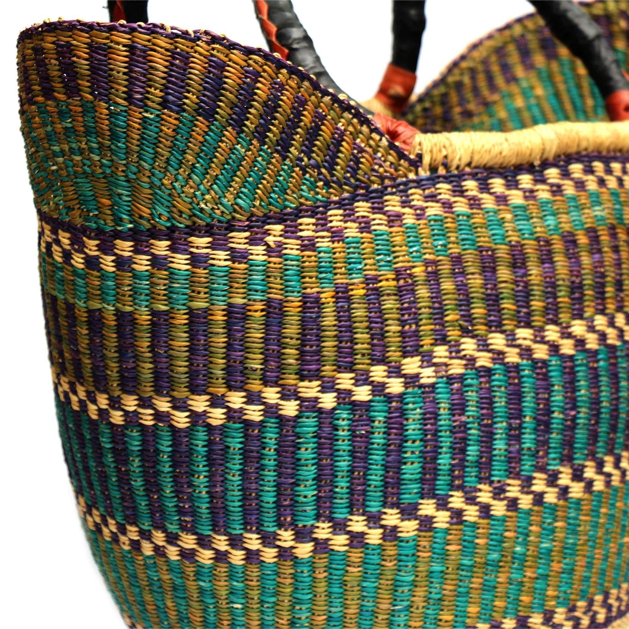 Bolga Tote, Mixed Colors with Leather Handle - 18-inch - Gitzell
