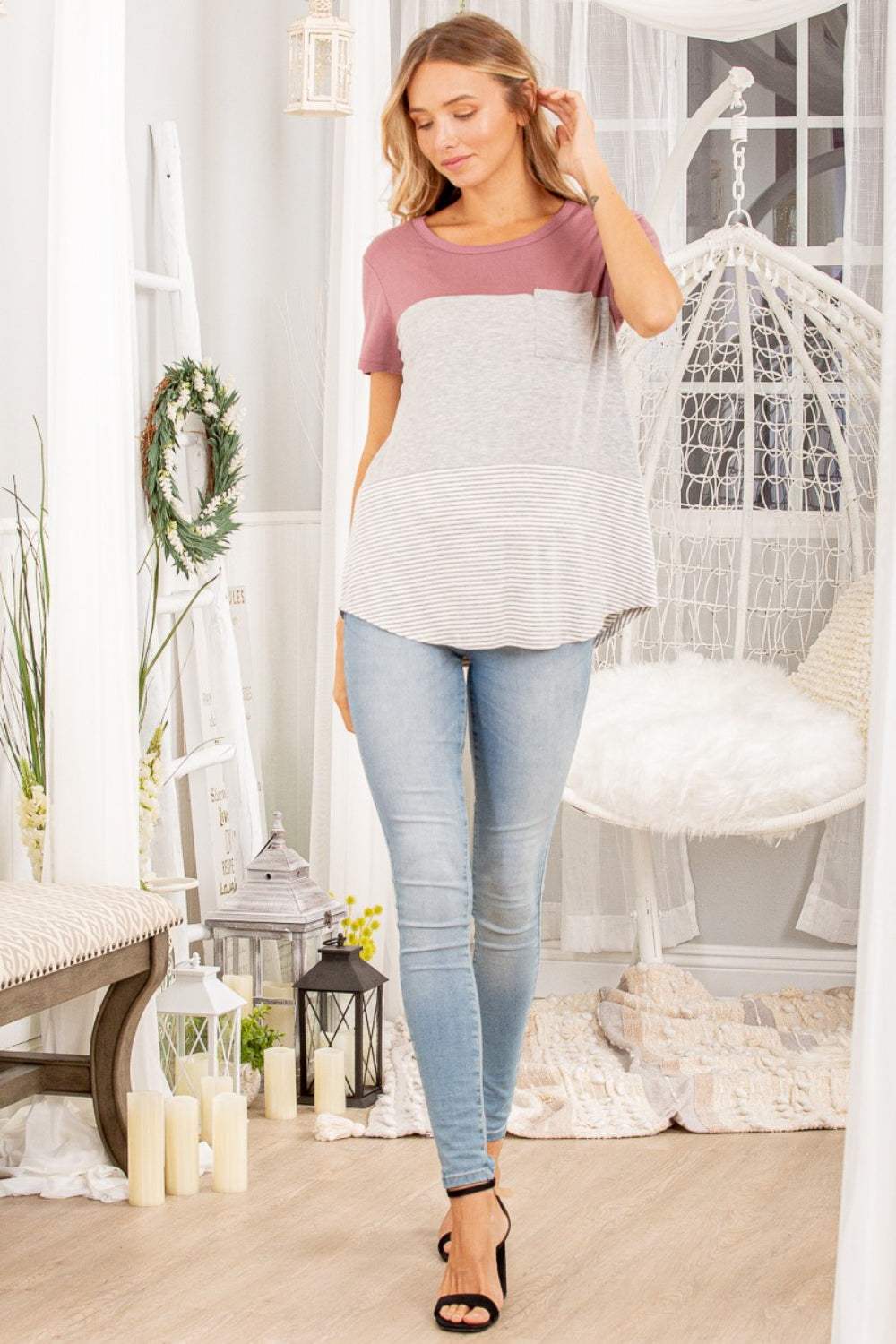 Heimish Color Block Striped Round Neck Short Sleeve T-Shirt - Trendsi - Flyclothing LLC