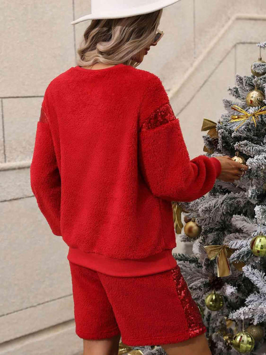 Sequin Teddy Sweatshirt and Shorts Set - Trendsi