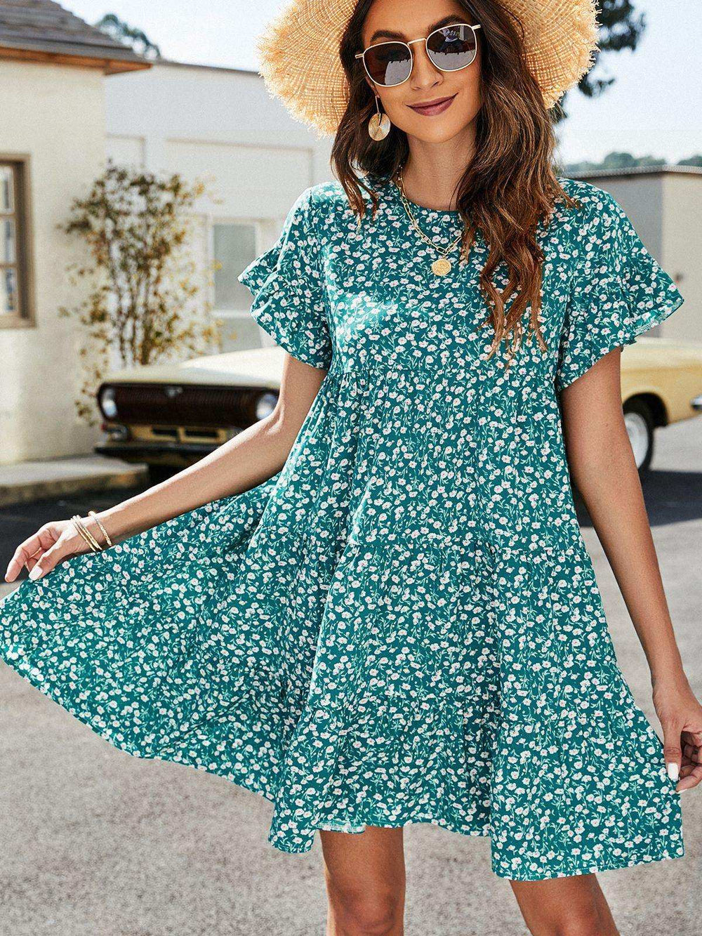 Leopard Short Flounce Sleeve Tiered Dress - Trendsi - Flyclothing LLC