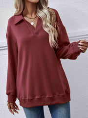 Collared Neck Dropped Shoulder Sweatshirt - Trendsi