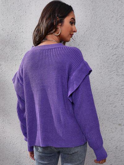 Ruffled Round Neck Dropped Shoulder Sweater - Trendsi