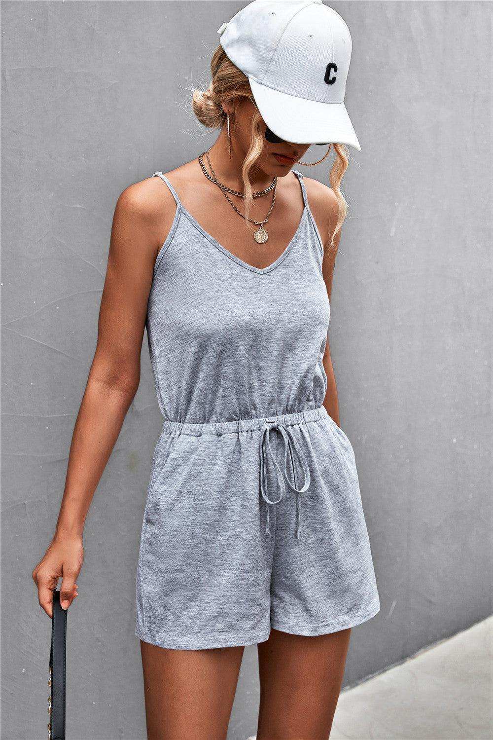 Spaghetti Strap V-Neck Pocket Romper - Trendsi - Flyclothing LLC