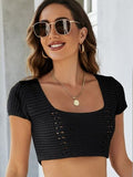 Lace-Up Openwork Square Neck Sweater - Trendsi