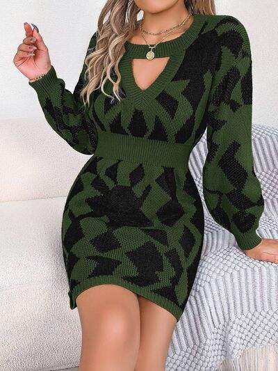 Contrast Round Neck Cutout Long Sleeve Mini Sweater Dress - Trendsi - Flyclothing LLC