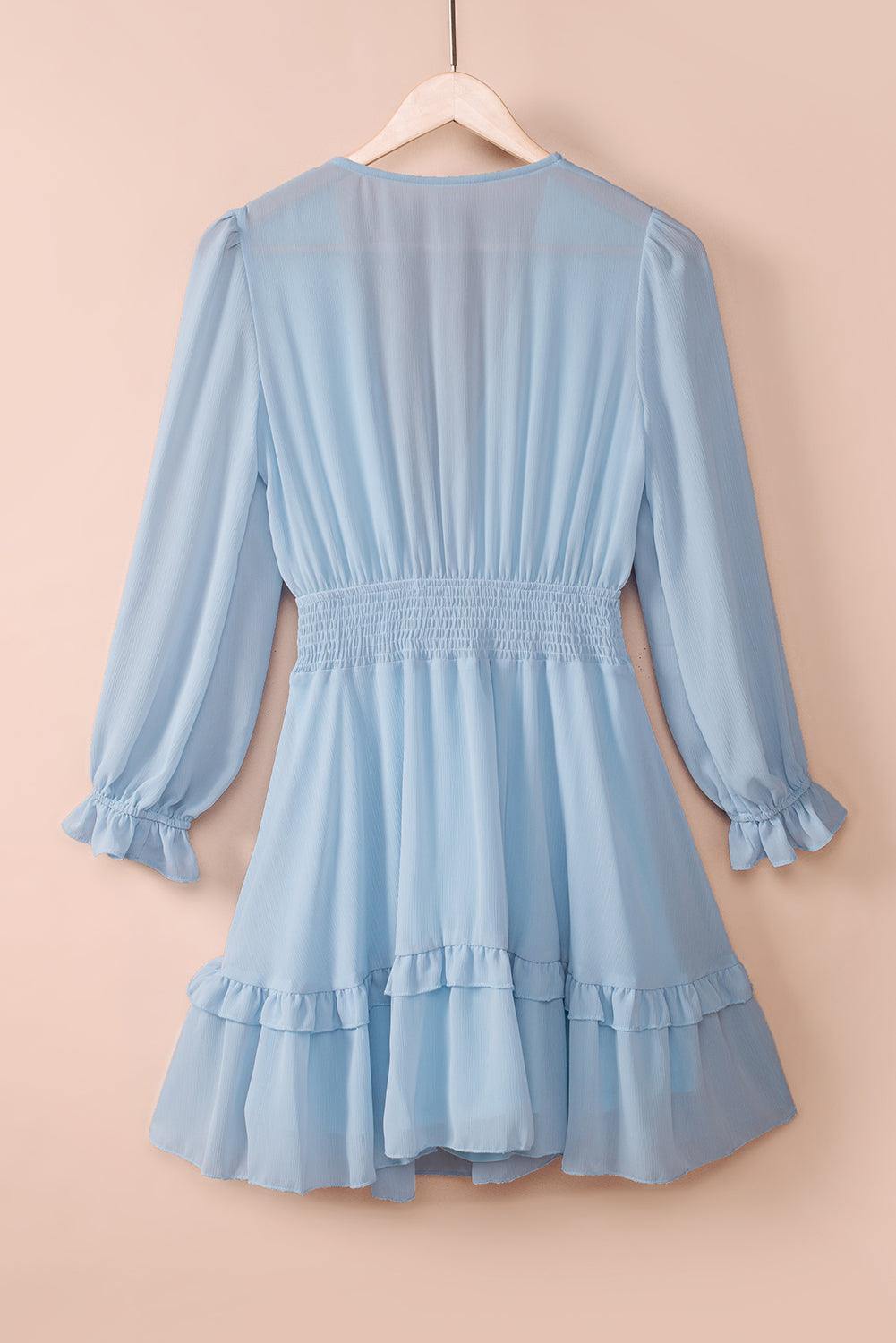 Tied Plunge Smocked Waist Flounce Sleeve Dress - Flyclothing LLC