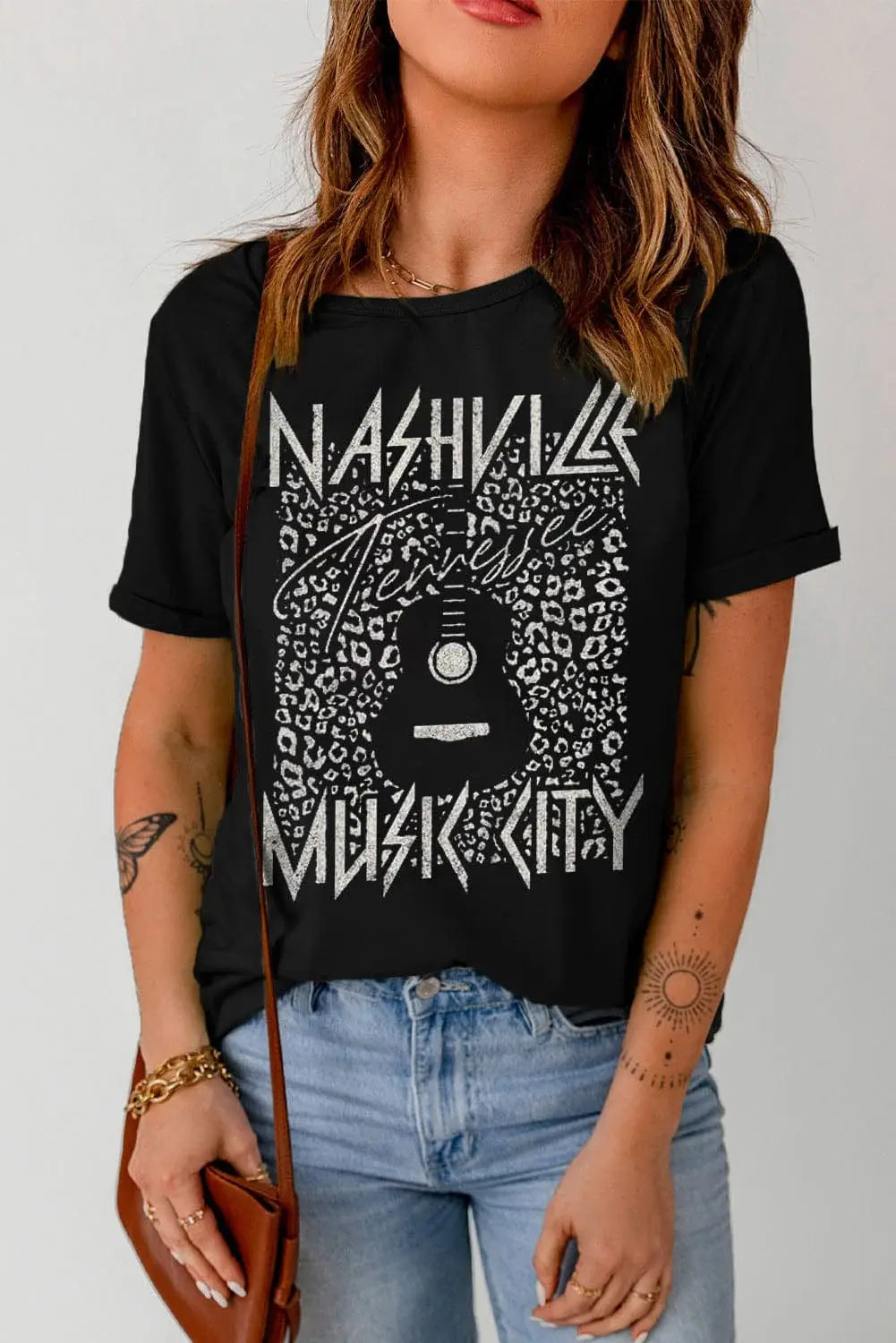 Graphic Cuffed Sleeve Round Neck Tee - Trendsi - Flyclothing LLC