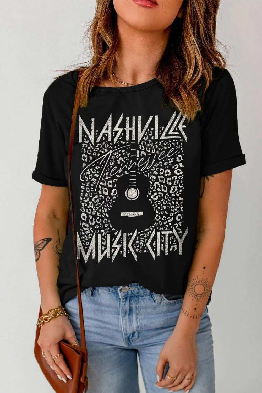Graphic Cuffed Sleeve Round Neck Tee - Trendsi - Flyclothing LLC