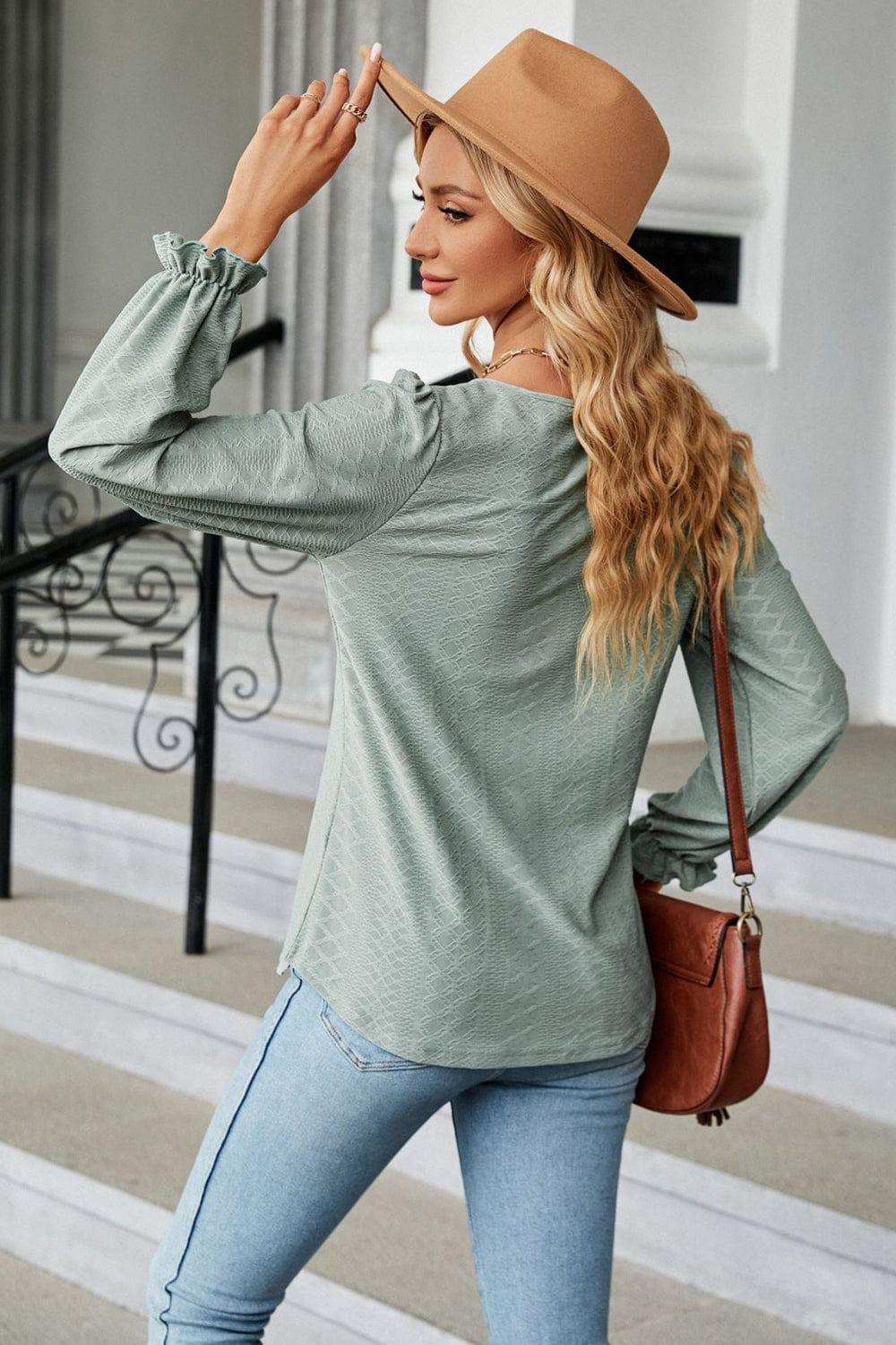 Round Neck Flounce Sleeve Blouse - Trendsi - Flyclothing LLC