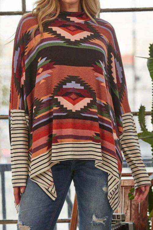 Geometric Striped Splicing Round Neck Blouse - Trendsi - Flyclothing LLC