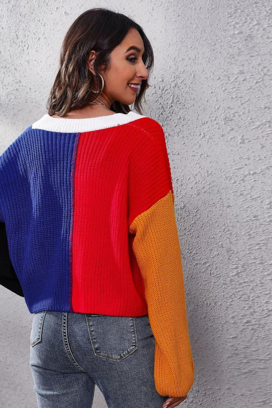 Color Block Ribbed Long Sleeve Cardigan - Trendsi