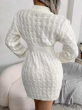 Cable-Knit Round Neck Mini Wrap Sweater Dress - Trendsi - Flyclothing LLC