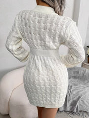 Cable-Knit Round Neck Mini Wrap Sweater Dress - Trendsi
