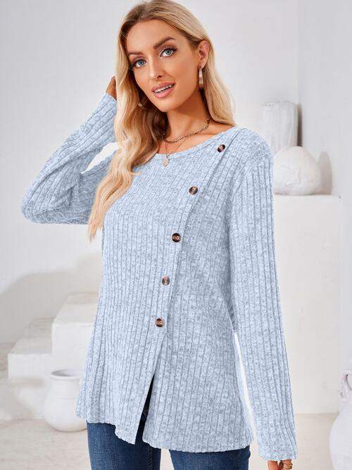 Ribbed Buttoned Round Neck Slit T-Shirt - Trendsi - Flyclothing LLC