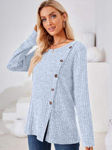 Ribbed Buttoned Round Neck Slit T-Shirt - Trendsi - Flyclothing LLC