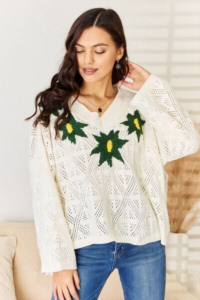 POL Floral Embroidered Pattern V-Neck Sweater - Trendsi