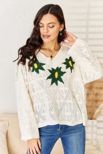POL Floral Embroidered Pattern V-Neck Sweater - Trendsi - Flyclothing LLC