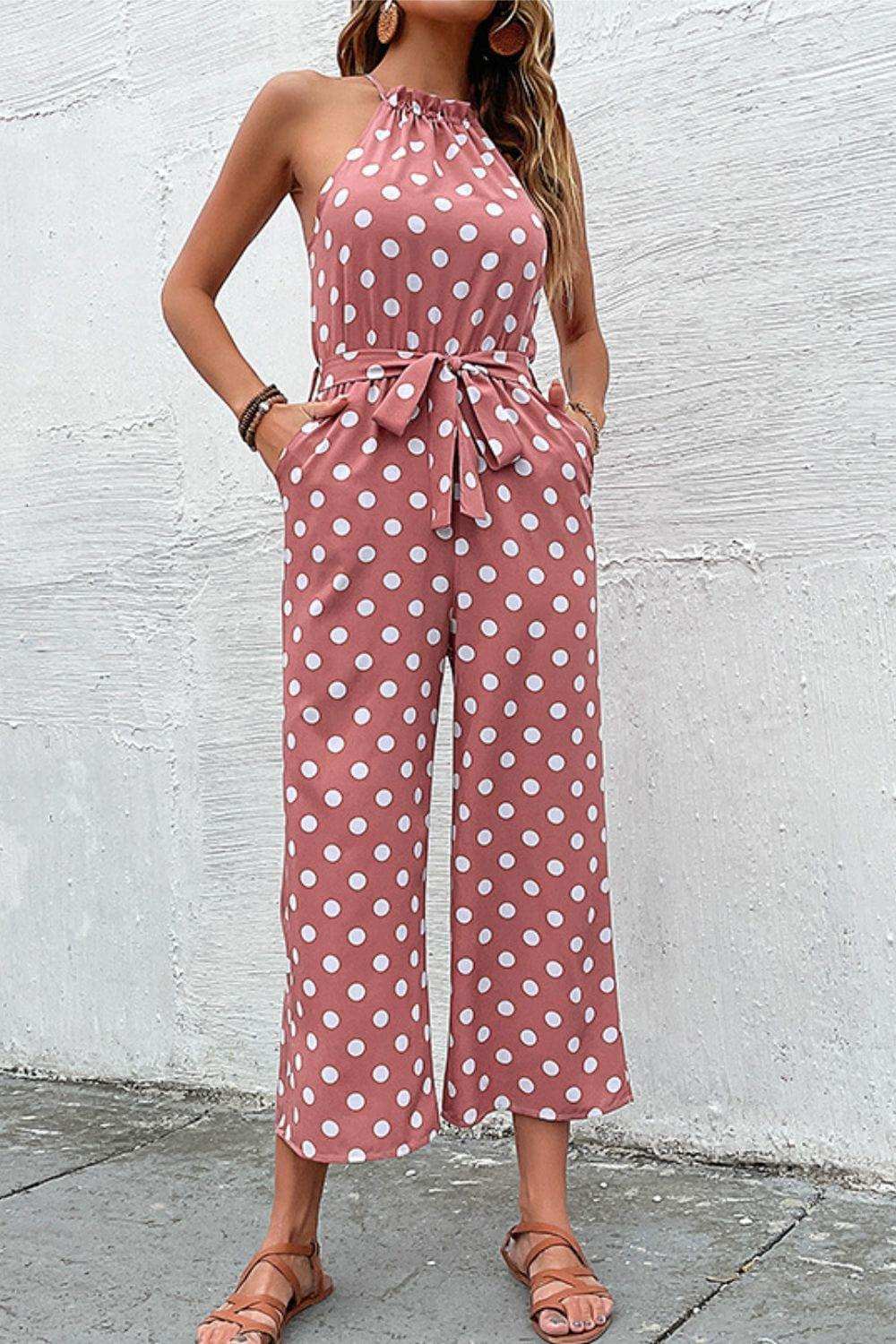 Polka Dot Grecian Wide Leg Jumpsuit - Trendsi - Flyclothing LLC