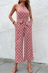 Polka Dot Grecian Wide Leg Jumpsuit - Trendsi