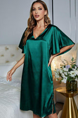 Satin Flutter Sleeve Side Slit V-Neck Night Dress - Trendsi